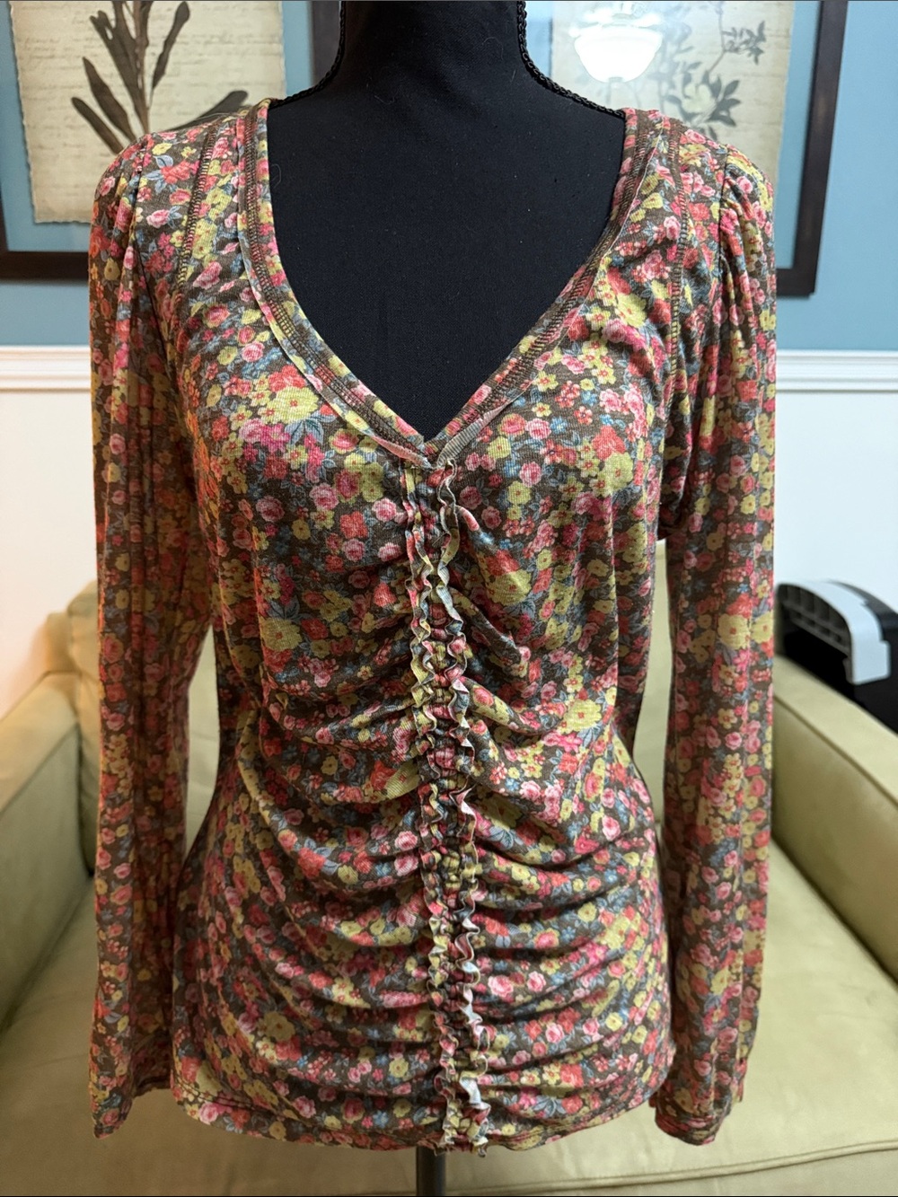Kori Pink Green Brown Floral Ruched V-Neck Long Sleeve Top